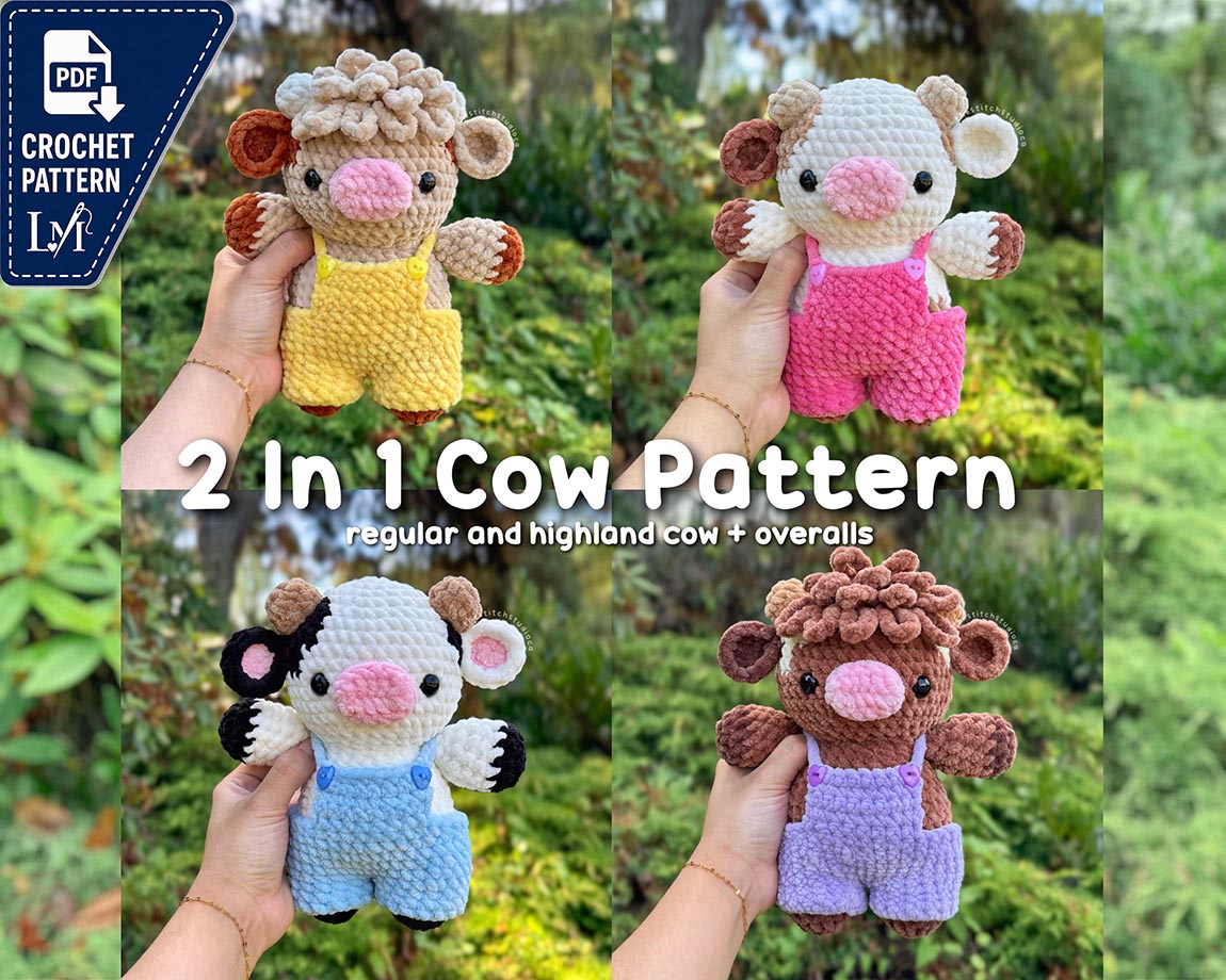 2 In 1 Cow Plushie Crochet Pattern | Regular and Highland Cow In Overalls